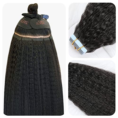 SUYYA Tape in Hair Extensions Human Hair Kinky Straight Tape in Extensions Natural Black 14 Inch Skin Weft 40gPack 20PCS Tape INS for Women 1B Natural Black - Image 2