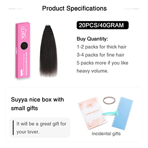 SUYYA Tape in Hair Extensions Human Hair Kinky Straight Tape in Extensions Natural Black 14 Inch Skin Weft 40gPack 20PCS Tape INS for Women 1B Natural Black - Image 5