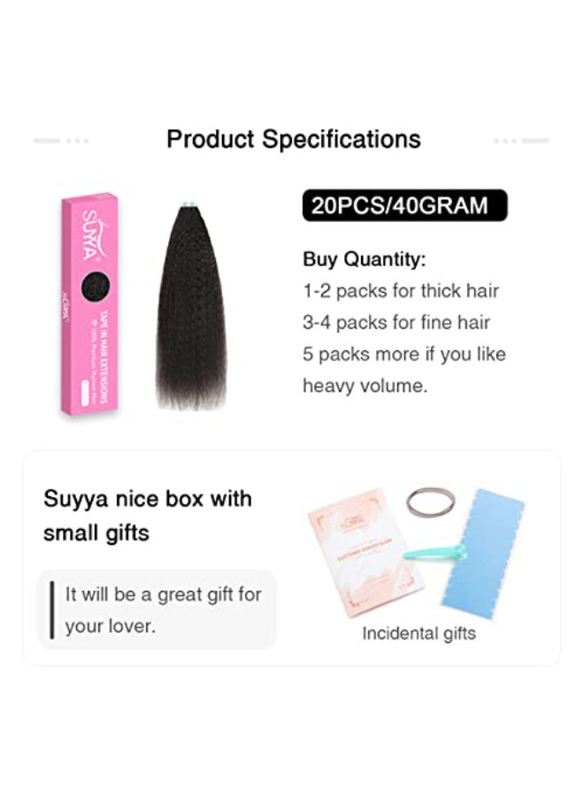 SUYYA Tape in Hair Extensions Human Hair Kinky Straight Tape in Extensions Natural Black 14 Inch Skin Weft 40gPack 20PCS Tape INS for Women 1B Natural Black - Image 4