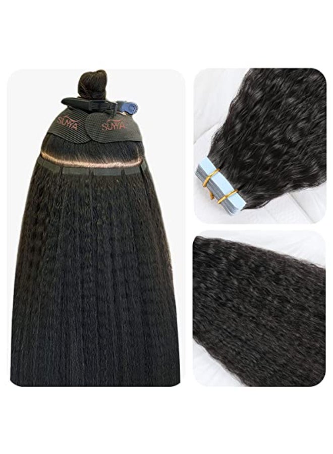 SUYYA Tape in Hair Extensions Human Hair Kinky Straight Tape in Extensions Natural Black 14 Inch Skin Weft 40gPack 20PCS Tape INS for Women 1B Natural Black - Image 1