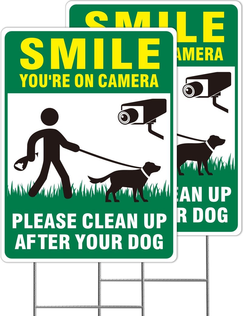 Multiwins Clean UP After Your Dog Signs, 2-Pack 13"x10" Double-Sided Pick Up After Your Dog Sign With Metal Stake, Smile Your On Camera Signs, No Dog Poop Signs For Yard - Image 1