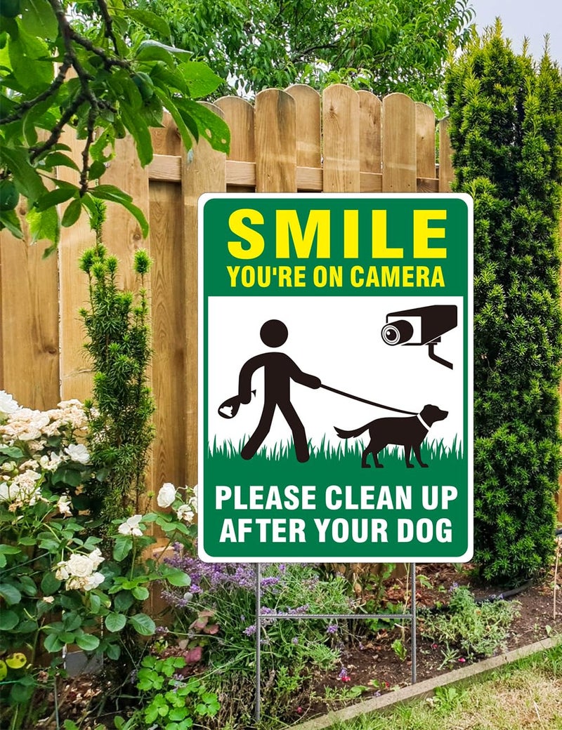 Multiwins Clean UP After Your Dog Signs, 2-Pack 13"x10" Double-Sided Pick Up After Your Dog Sign With Metal Stake, Smile Your On Camera Signs, No Dog Poop Signs For Yard - Image 3