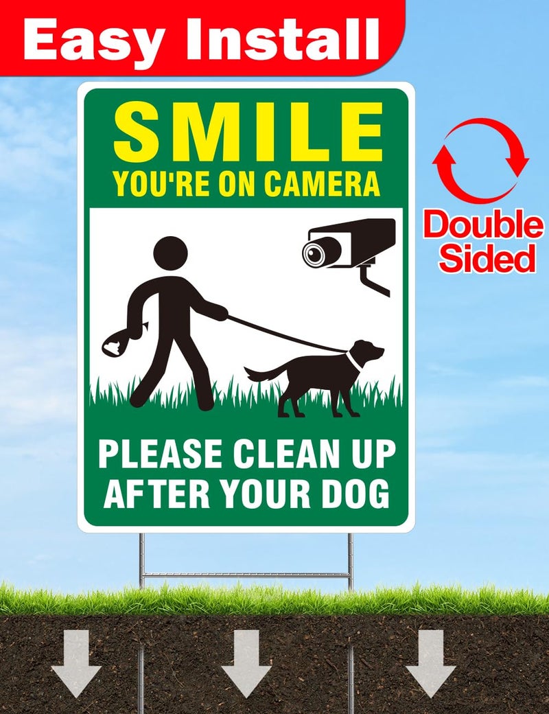 Multiwins Clean UP After Your Dog Signs, 2-Pack 13"x10" Double-Sided Pick Up After Your Dog Sign With Metal Stake, Smile Your On Camera Signs, No Dog Poop Signs For Yard - Image 5