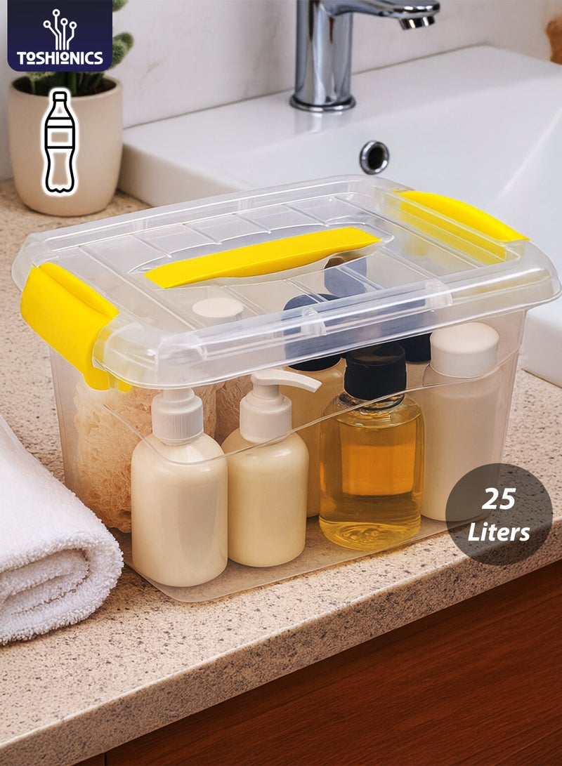 توشيونيكس صندوق تخزين بلاستيكي شفاف فاخر سعة 25 لترًا مع غطاء قابل للقفل ومقبض حمل وأقفال بمشبك - T114628 - صندوق منظم شفاف قابل للتكديس للملابس والألعاب والأدوات والوجبات الخفيفة وتخزين المنزل (41 × 30 × 23.5 سم) - Image 1