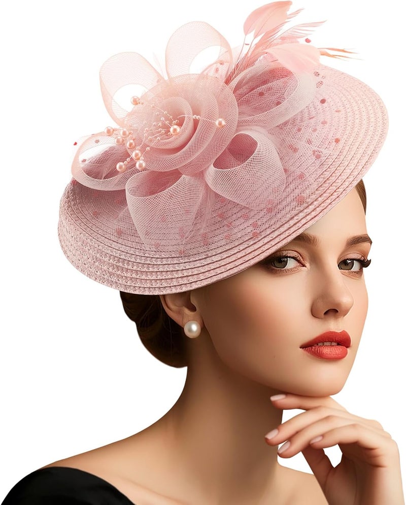 DRESHOW Fascinators Hat Flower Mesh Ribbons Feathers on a Headband and a Clip Tea Party Headwear for Girls and Women - Image 1