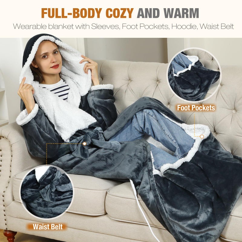 Goocoz Wearable Heated Blankets, Electric Snuggle Blanket with Foot Pockets, Sleeves, Hood, Waist Belt, 50"x70" Electric Heating Throw Blanket Wearable Heated Robe - Image 2
