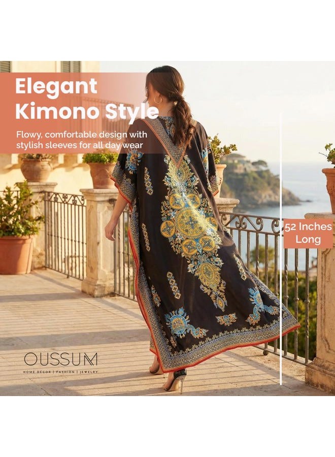 Oussum Women Long Maxi Plus Size Polyester Kaftan Caftan Gown Beach Party Casual Dress, Black Floral One Size Caftan, One Size Plus - Image 4