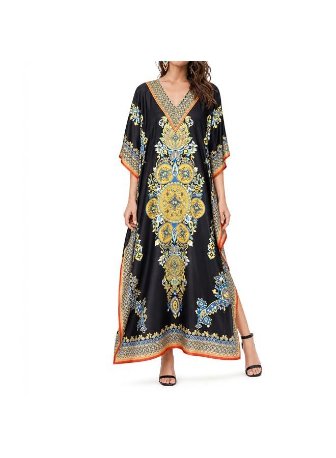 Oussum Women Long Maxi Plus Size Polyester Kaftan Caftan Gown Beach Party Casual Dress, Black Floral One Size Caftan, One Size Plus - Image 1