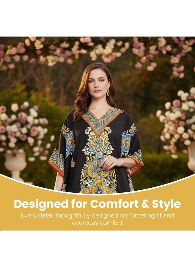 Oussum Women Long Maxi Plus Size Polyester Kaftan Caftan Gown Beach Party Casual Dress, Black Floral One Size Caftan, One Size Plus - Image 2