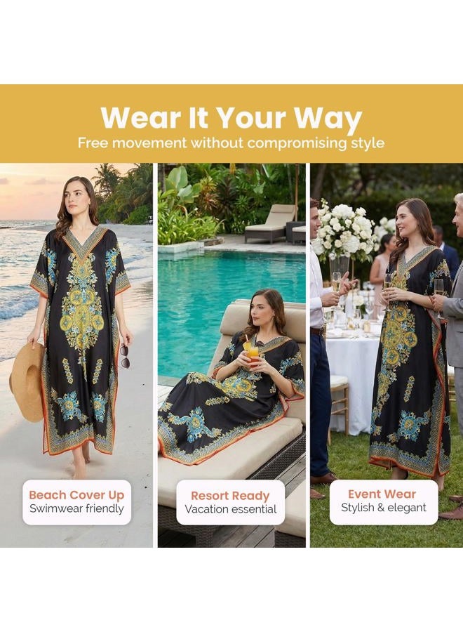Oussum Women Long Maxi Plus Size Polyester Kaftan Caftan Gown Beach Party Casual Dress, Black Floral One Size Caftan, One Size Plus - Image 5