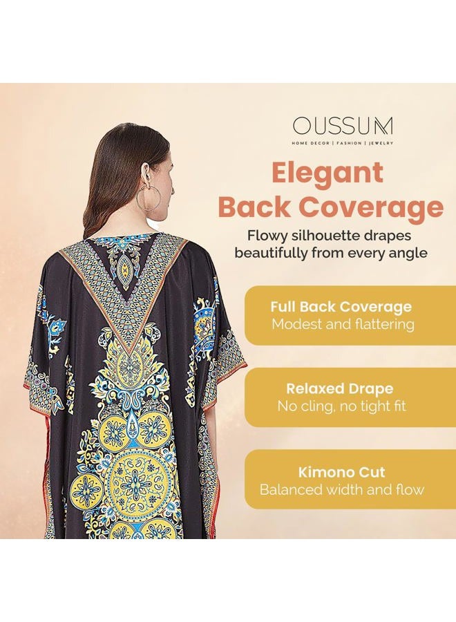 Oussum Women Long Maxi Plus Size Polyester Kaftan Caftan Gown Beach Party Casual Dress, Black Floral One Size Caftan, One Size Plus - Image 3