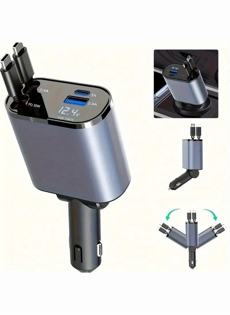 OULIYO - Car Charger - Fast Charging 4-in-1 Adapter with Collapsible Lightning & Type C Cables, Dual USB Ports & Voltage Display - Compatible with iPhone, iPad, Galaxy - 120W Power Output - Image 1