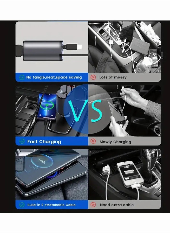 OULIYO - Car Charger - Fast Charging 4-in-1 Adapter with Collapsible Lightning & Type C Cables, Dual USB Ports & Voltage Display - Compatible with iPhone, iPad, Galaxy - 120W Power Output - Image 1