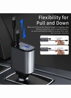 OULIYO Car Charger - Fast Charging 4-in-1 Adapter with Collapsible Lightning & Type C Cables, Dual USB Ports & Voltage Display - Compatible with iPhone, iPad, Galaxy - 120W Power Output  - Image 3