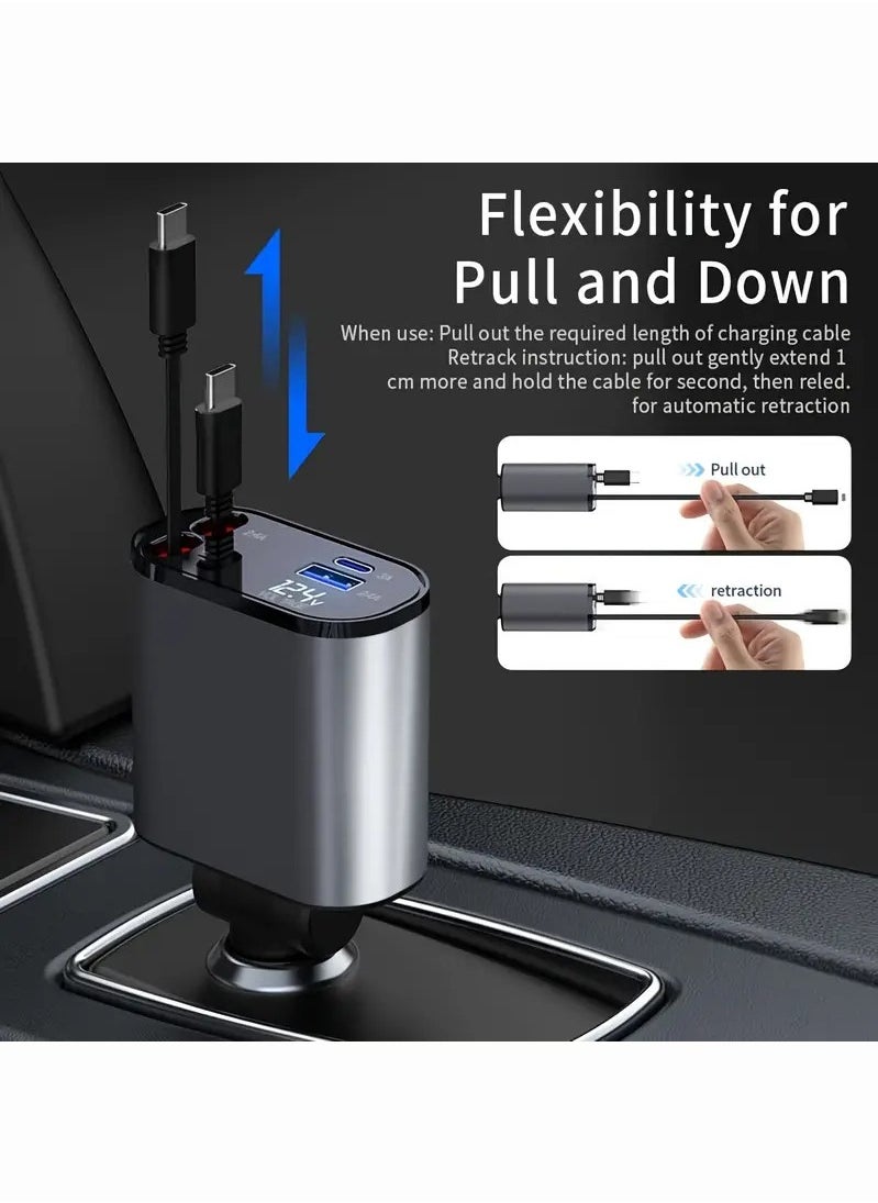 OULIYO - Car Charger - Fast Charging 4-in-1 Adapter with Collapsible Lightning & Type C Cables, Dual USB Ports & Voltage Display - Compatible with iPhone, iPad, Galaxy - 120W Power Output - Image 1