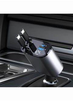 Car Charger - Fast Charging 4-in-1 Adapter with Collapsible Lightning & Type C Cables, Dual USB Ports & Voltage Display - Compatible with iPhone, iPad, Galaxy - 120W Power Output