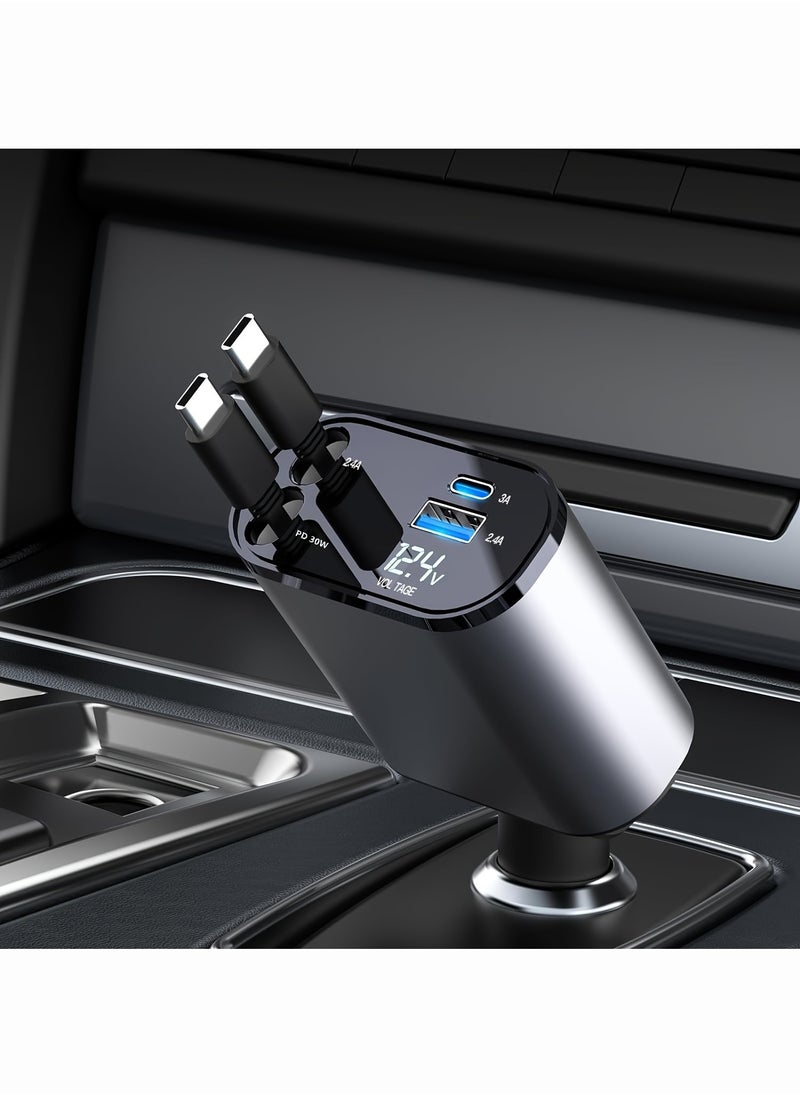 OULIYO - Car Charger - Fast Charging 4-in-1 Adapter with Collapsible Lightning & Type C Cables, Dual USB Ports & Voltage Display - Compatible with iPhone, iPad, Galaxy - 120W Power Output - Image 1