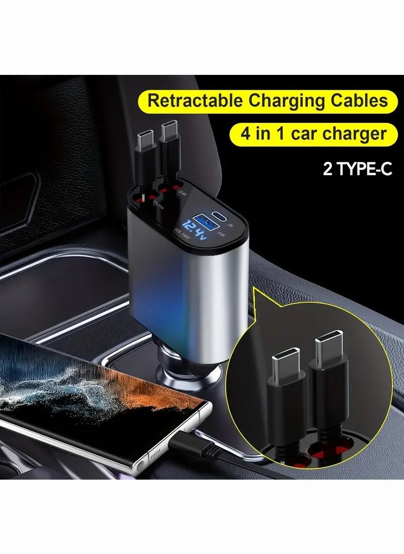 OULIYO - Car Charger - Fast Charging 4-in-1 Adapter with Collapsible Lightning & Type C Cables, Dual USB Ports & Voltage Display - Compatible with iPhone, iPad, Galaxy - 120W Power Output - Image 1