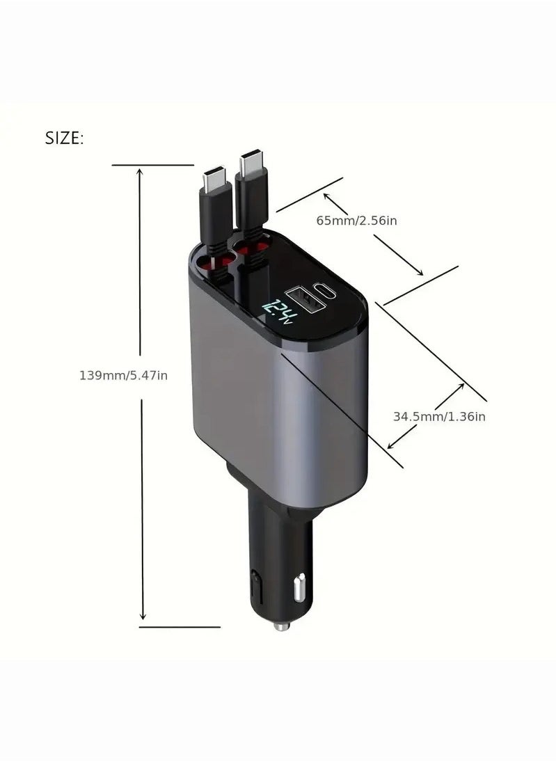 OULIYO - Car Charger - Fast Charging 4-in-1 Adapter with Collapsible Lightning & Type C Cables, Dual USB Ports & Voltage Display - Compatible with iPhone, iPad, Galaxy - 120W Power Output - Image 1