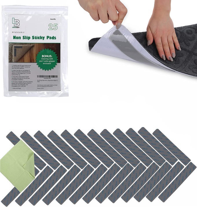 RUG PAD GRIPPERS FOR AREA RUGS PACK OF 25 REUSABLE NO SKID WASHABLE ANTISLIP PADS RUG GRIPPER FOR HARDWOOD FLOORS AND TILE WITH DOUBLESIDED SELF ADHESIVE RUG TAPE TO KEEP RUGS FLAT