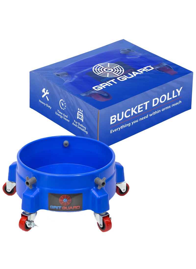 Grit Guard GRIT GUARD Bucket Dolly with Wheels  Rolling Detailing Wash Bucket with 5 Wheels and 2 Locking Casters Compatible with 25 4 5 and 6 Gallon Buckets Blue 2 Red Casters 