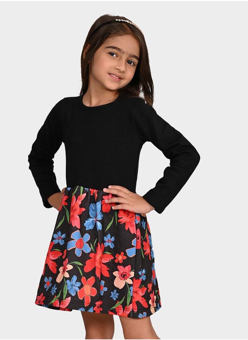 Bonkids - Regular Fit Printed Black Cotton Dresses For Girls Round Neck Flat Collar Pull On 100 % Cotton - Image 1