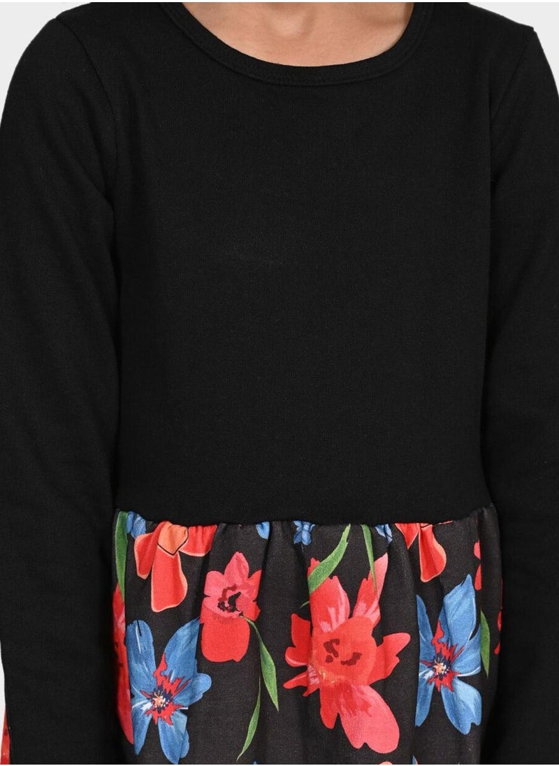 Bonkids - Regular Fit Printed Black Cotton Dresses For Girls Round Neck Flat Collar Pull On 100 % Cotton - Image 1
