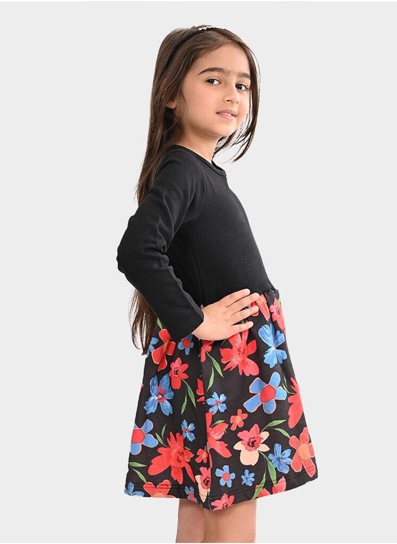Bonkids - Regular Fit Printed Black Cotton Dresses For Girls Round Neck Flat Collar Pull On 100 % Cotton - Image 1