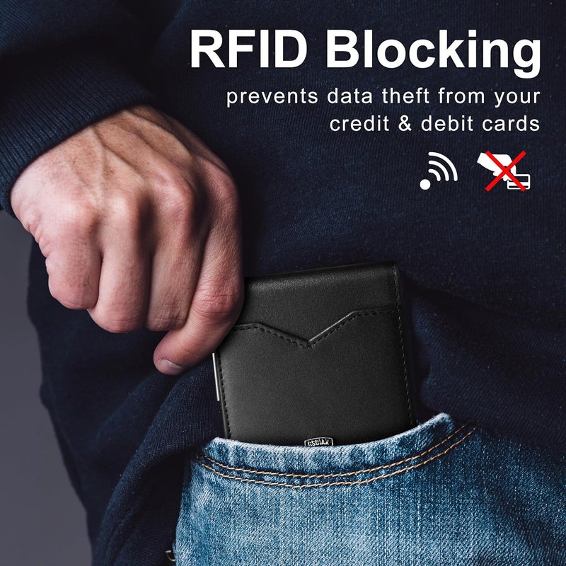 GSOIAX محفظة الرقيقة للرجال، مزودة بحماية ضد تقنية RFID، تصميم مزدوج الأجزاء، جيب أمامي، تحتوي على حامل لبطاقات الائتمان، باللون الأسود، أبعادها 4.3 x 3 بوصة، رفيعة الوزن، مع صندوق هدايا. - Image 4