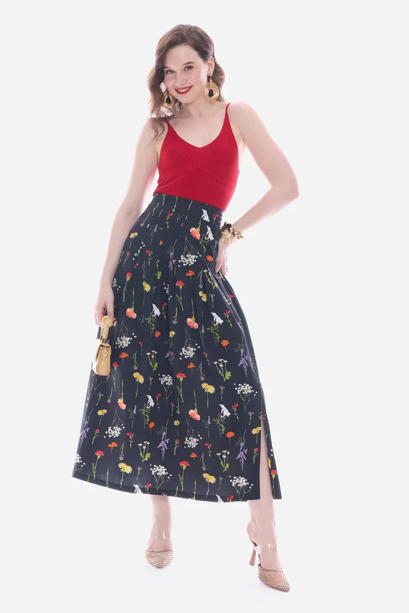 فيرجيو Floral Cotton Satin Pleated Maxi Skirt for Women