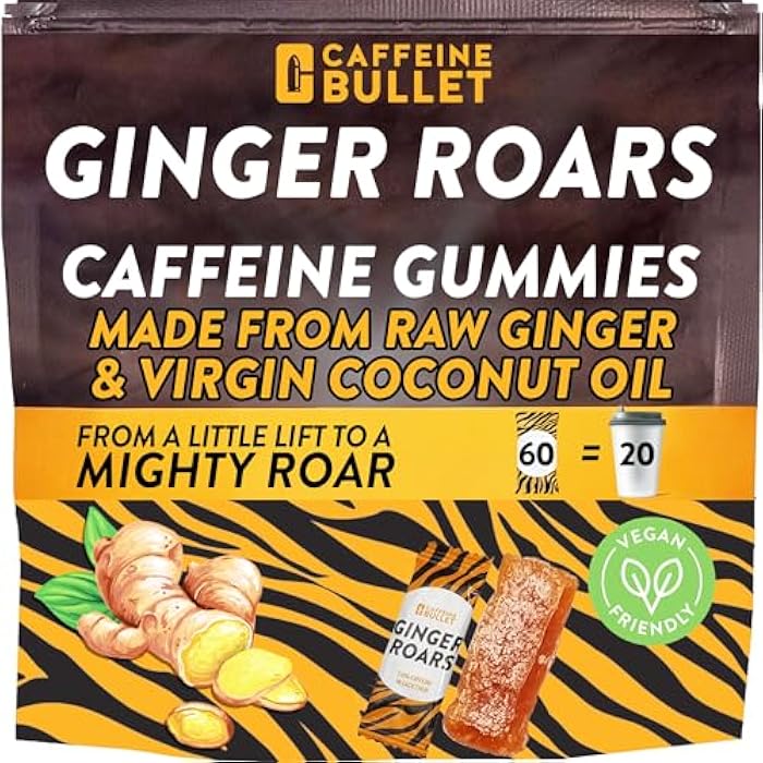 Caffeine Bullet Ginger Roars - 60 Energy Gummies - Vegan Caffeine Chews Each 33mg, Made with a Tasty, Natural Fiery Kick for Improved Running, Cycling, Preworkout & Focus. - Image 1