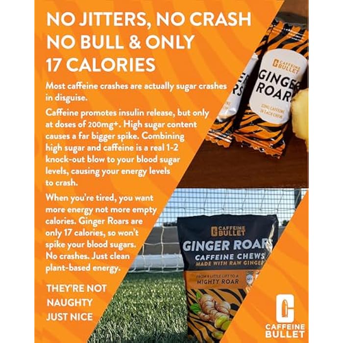 Caffeine Bullet Ginger Roars - 60 Energy Gummies - Vegan Caffeine Chews Each 33mg, Made with a Tasty, Natural Fiery Kick for Improved Running, Cycling, Preworkout & Focus. - Image 4