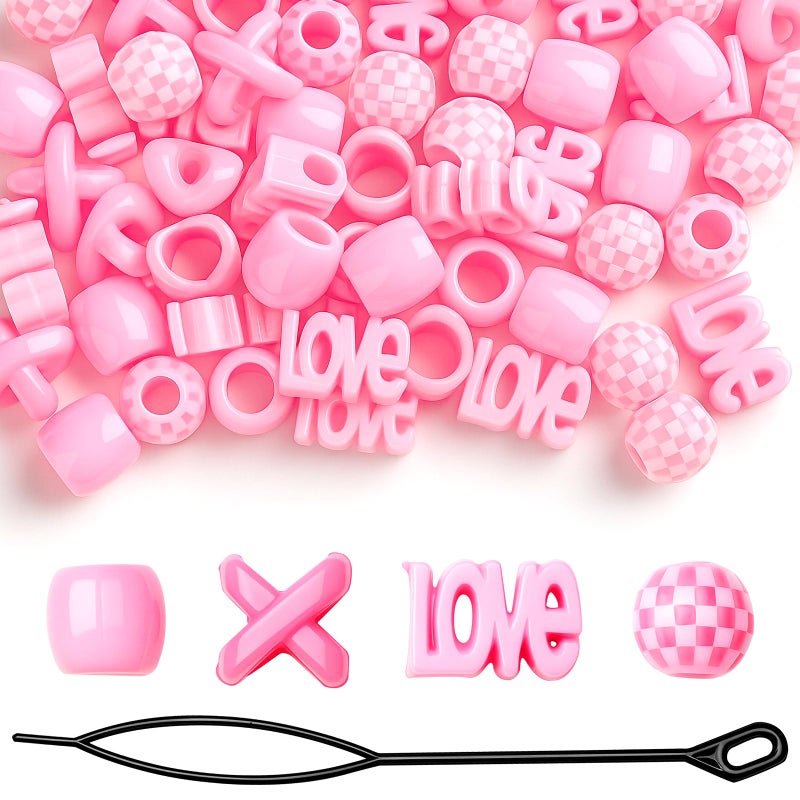 Pretwad 61 PCS Pink Hair Beads for Braids - Cute Heart & Round Shaped Dreadlock Jewelry Beads for Girls, Multi Shape Kids Braiding Hair Accessories and Loc Jewelry Decorations for Women and Girls - Image 1