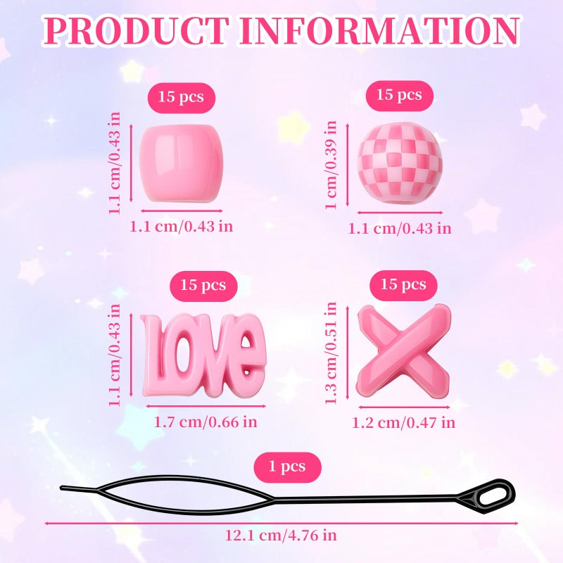 Pretwad 61 PCS Pink Hair Beads for Braids - Cute Heart & Round Shaped Dreadlock Jewelry Beads for Girls, Multi Shape Kids Braiding Hair Accessories and Loc Jewelry Decorations for Women and Girls - Image 2