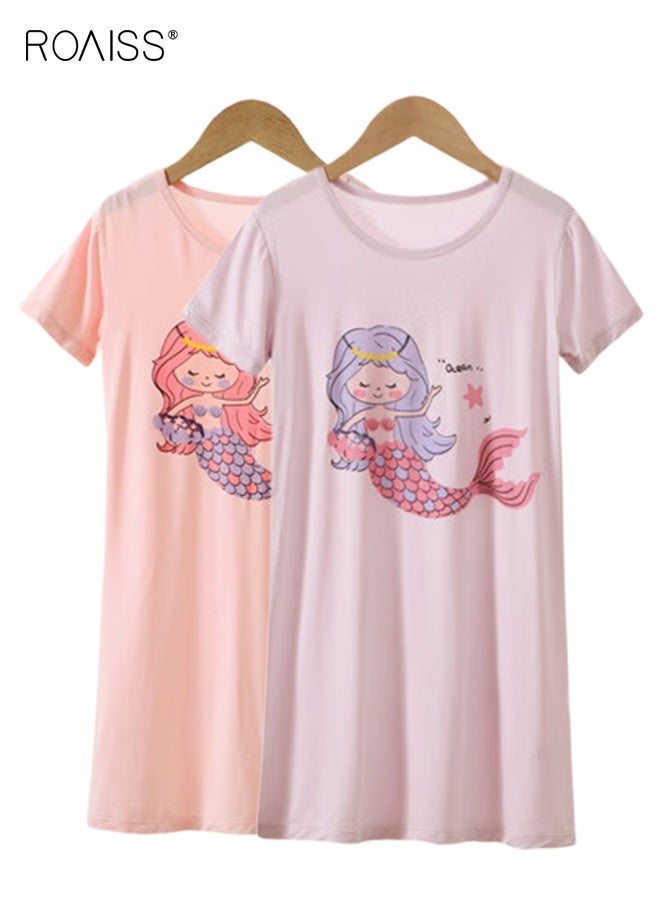 roaiss 2-Pack Mermaid Nightdress Set, Adorable Comfortable Sleepshirts, Girls' Summer Dress, Breathable Short-sleeved Nightgown, Kids Cartoon Pajama Dress  - Image 1