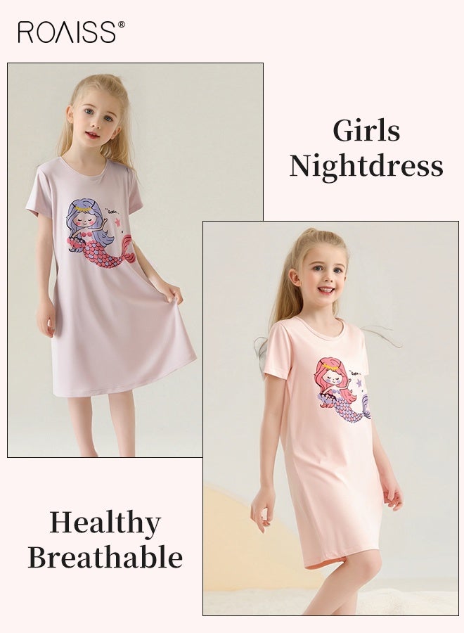 roaiss 2-Pack Mermaid Nightdress Set, Adorable Comfortable Sleepshirts, Girls' Summer Dress, Breathable Short-sleeved Nightgown, Kids Cartoon Pajama Dress  - Image 2