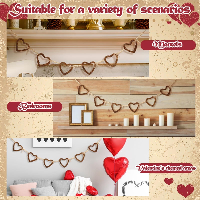 Glitinsel Vintage Rattan Heart Valentines Garland Wood Valentine's Day Beads Garland with Linen Bow Rustic Natural Grapevine Twig Hearts Chain Wreath Wooden Rustic Wreath Banner Decor for Farmhouse - Image 2