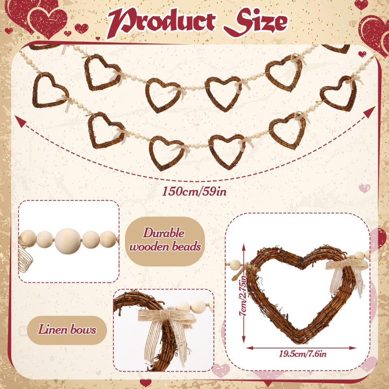 Glitinsel Vintage Rattan Heart Valentines Garland Wood Valentine's Day Beads Garland with Linen Bow Rustic Natural Grapevine Twig Hearts Chain Wreath Wooden Rustic Wreath Banner Decor for Farmhouse - Image 3