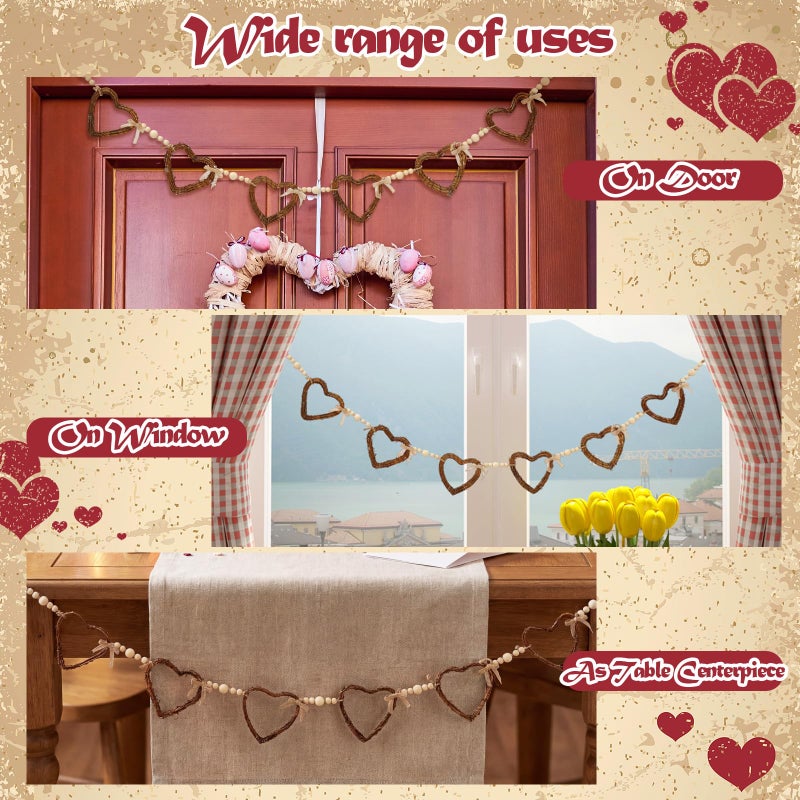 Glitinsel Vintage Rattan Heart Valentines Garland Wood Valentine's Day Beads Garland with Linen Bow Rustic Natural Grapevine Twig Hearts Chain Wreath Wooden Rustic Wreath Banner Decor for Farmhouse - Image 4