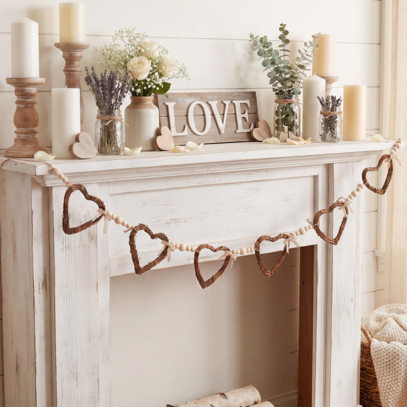 Glitinsel Vintage Rattan Heart Valentines Garland Wood Valentine's Day Beads Garland with Linen Bow Rustic Natural Grapevine Twig Hearts Chain Wreath Wooden Rustic Wreath Banner Decor for Farmhouse - Image 1