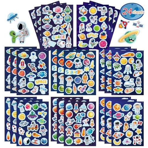 DUJAA 24 Sheets Space Themed Sticker Set 8 Planets Astronauts Spaceships and Rockets Explore Space Stickers for Kids Outer Space Themed Party Favors - Image 1
