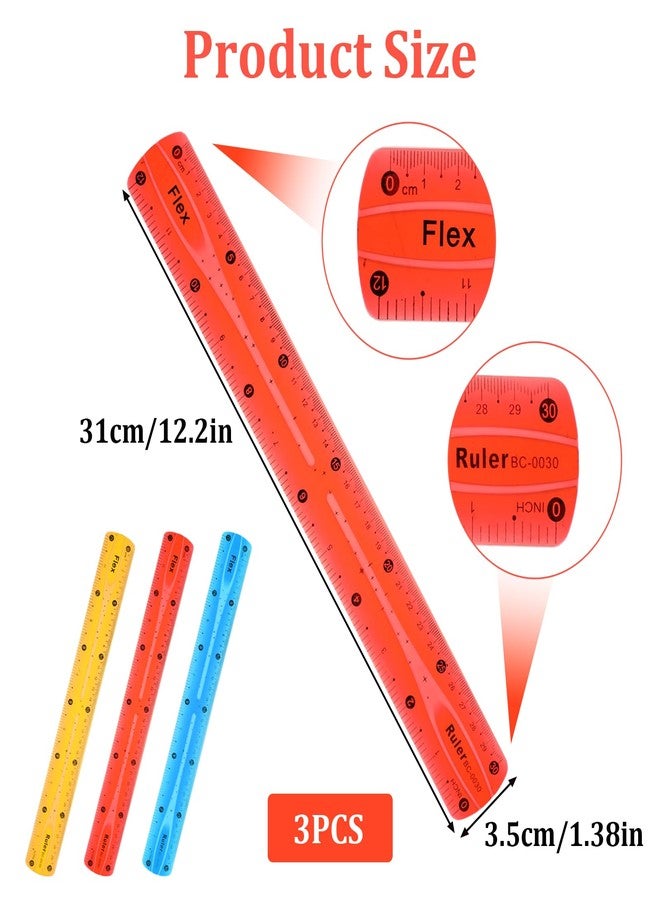 Grevosea 3Pcs Flexible Ruler, 12 Inch Translucent Plastic Rulers Shatterproof Bendy Rulers with Inches and Centimeters Soft Bendable Rulers for Kids Adults Classroom School Home Office (Red Yellow Blue) - Image 2
