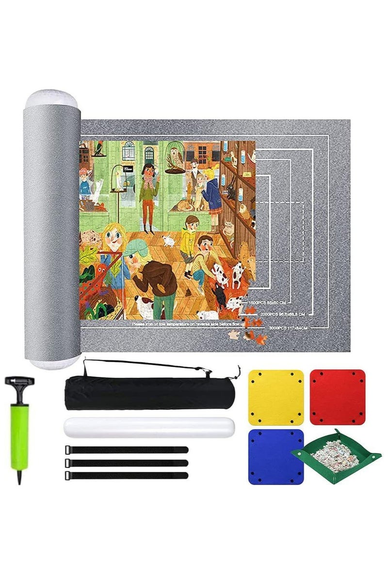 Jigsaw Puzzle Storage Roll Mat of 1500 Pieces with 4 Sorting Trays, Store Puzzle for Next Play, Jigsaw Puzzle Roll Mat Board Felt Mat Inflatable Tube, Inflator (Grey, 1500 Pieces)