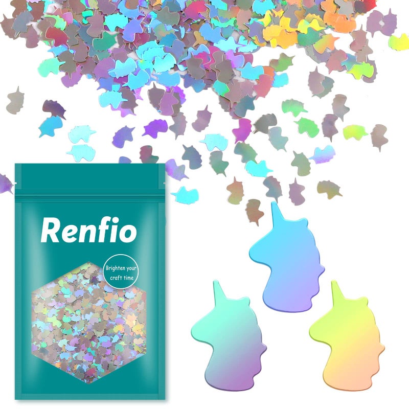 Renfio 1.75 Oz 50g Holographic Unicorn Confetti Glitter Sequin Unicorns Shape Shiny Glitters Resin Sparkle Chunky Sequins for DIY Mold Art Nail Artwork Holiday Decoration - Laser Sliver - Image 1