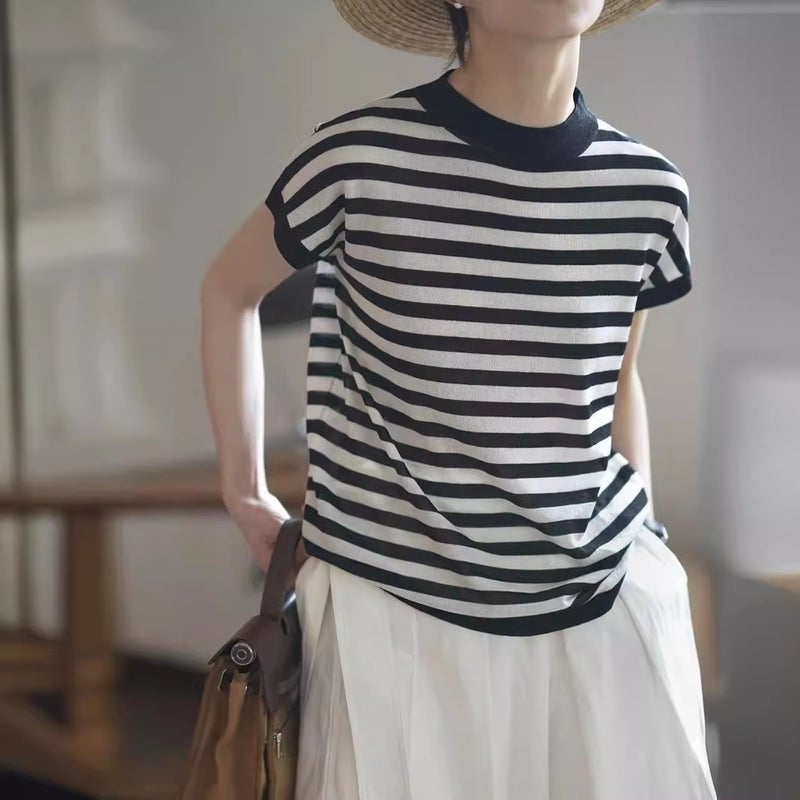 Summer French Style Sea Soul Striped Shoulder T-Shirt Knitted Short Sleeve Women'S Unique Design Loose Top Pullover Ice Silk Thin - Image 4