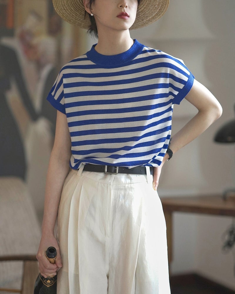 Summer French Style Sea Soul Striped Shoulder T-Shirt Knitted Short Sleeve Women'S Unique Design Loose Top Pullover Ice Silk Thin - Image 1