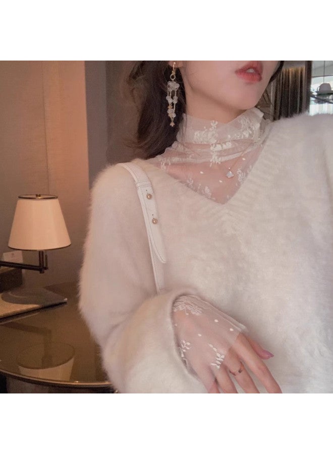 Modal Elegant High-Neck Lace Blouse, Women'S Fashionable Top For Autumn/Winter 2025 - Image 3