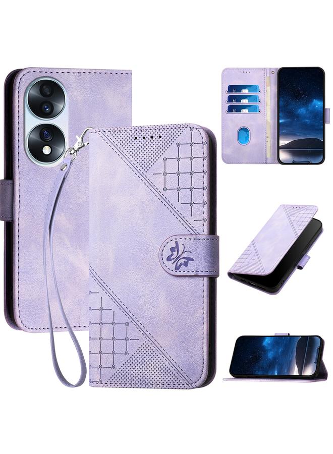 S-TOP Case For Honor 70 Grid Butterfly Embossed Pattern Leather Phone Case with Lanyard - Image 1