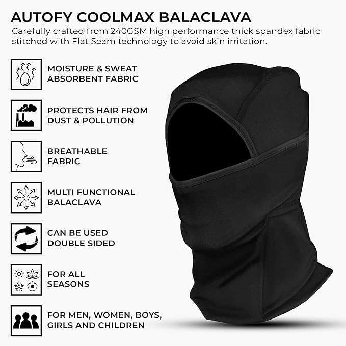 Autofy Cool-Max Full Face Mask for Bikers Riding Balaclava for Men Masks for Bike Riding Accessories Cycling Accessories Helmet Cap for Men Women Rider Helmet Balaclava for Men [Black, Pack of 1] - Image 2
