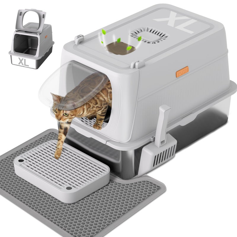 Anywish Stainless Steel Cat Litter Box with Lid, XL Extra Large Enclosed Removable Metal Litter Box with Litter Scoop&Double Layer Litter Mat, Non-Sticky, Non-Odor, Easy Cleaning, for Big Cats, Grey - Image 1